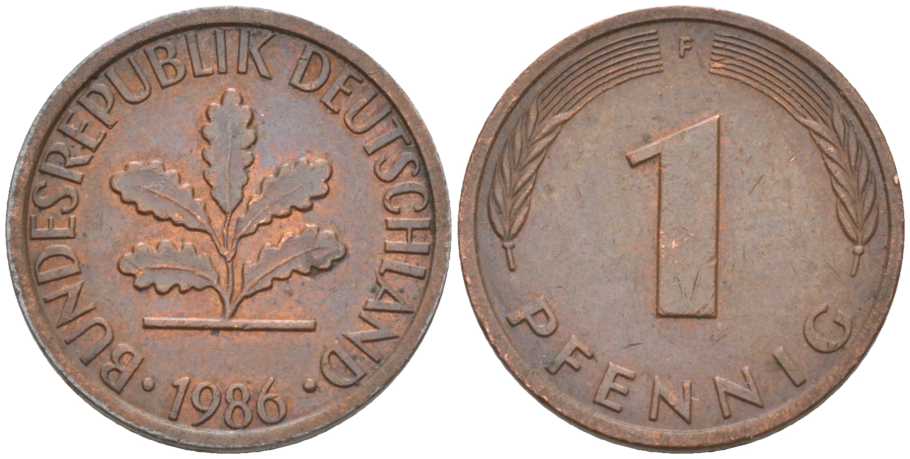 ФРГ 1 пфенниг 1986 F KM 105, J.380 сталь плакированная медью 187-858