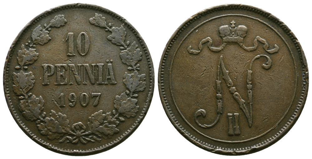 РОССИЯ ДЛЯ ФИНЛЯНДИИ 10 ПЕННИ 1907 Биткин 430 медь 4381-122