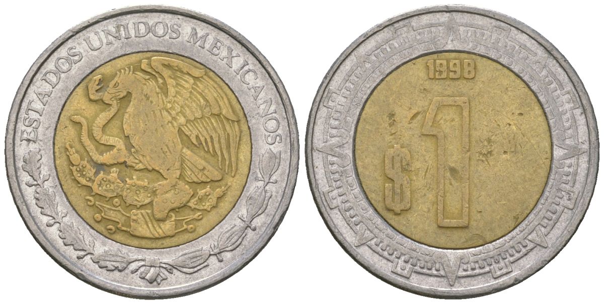 Мексика 1 песо 1998 Mo KM 603 биметалл 4591-135