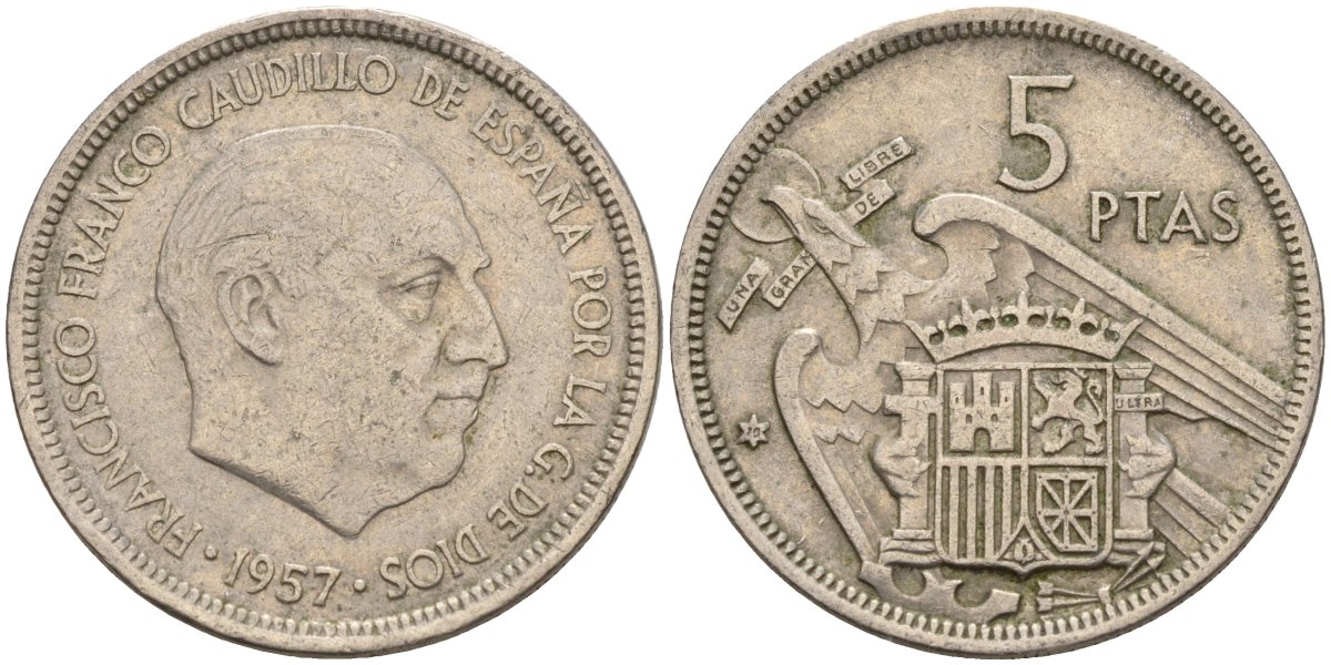 Испания 5 песет 1957 (70) Франсиско Франко (1939 - 1975) KM 786 медно-никель 4155-547
