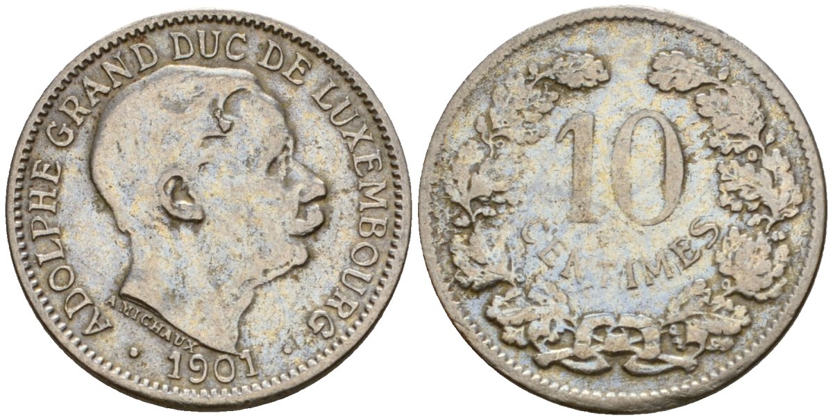 Люксембург 10 сантимов 1901 Адольф (1890-1905) KM 25 медно-никель 4602-458
