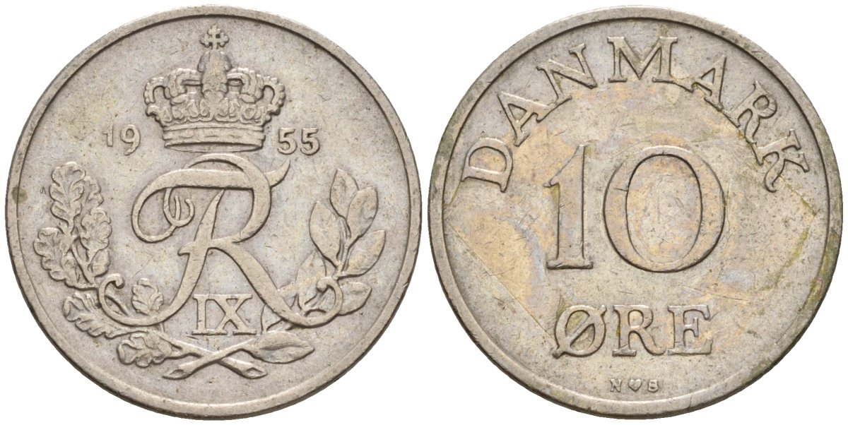 Дания 10 эре 1955 N; S, Фредерик IX (1947-1972) KM 841.1 медно-никель 4532-256