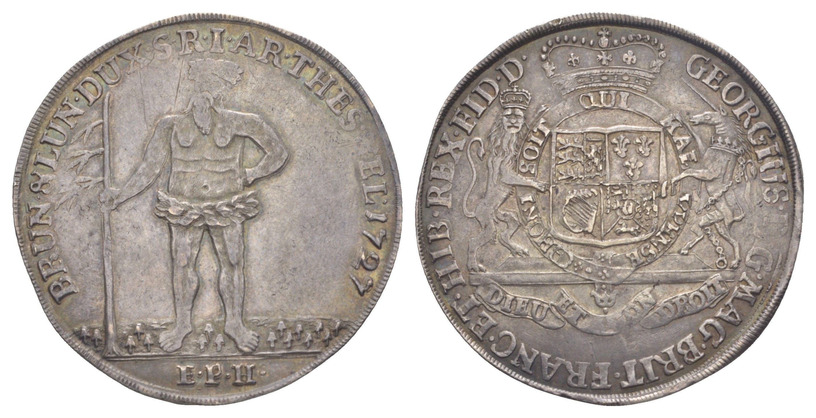 Брауншвейг-Каленберг-Ганновер 1 талер 1727 EPH, дикарь, Георг I (1698-1727), из коллекции Ричарда Б. Смита Davenport 2076, KM 114, Smith 32, Welter 2236 серебро 00-901-21