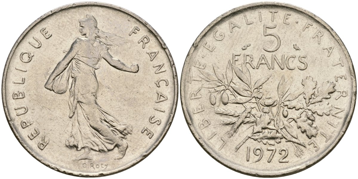Франция 5 франков 1971 сеятель KM 926a.1, Le Franc 341.3 медно-никель плакированный никелем 4120-1233