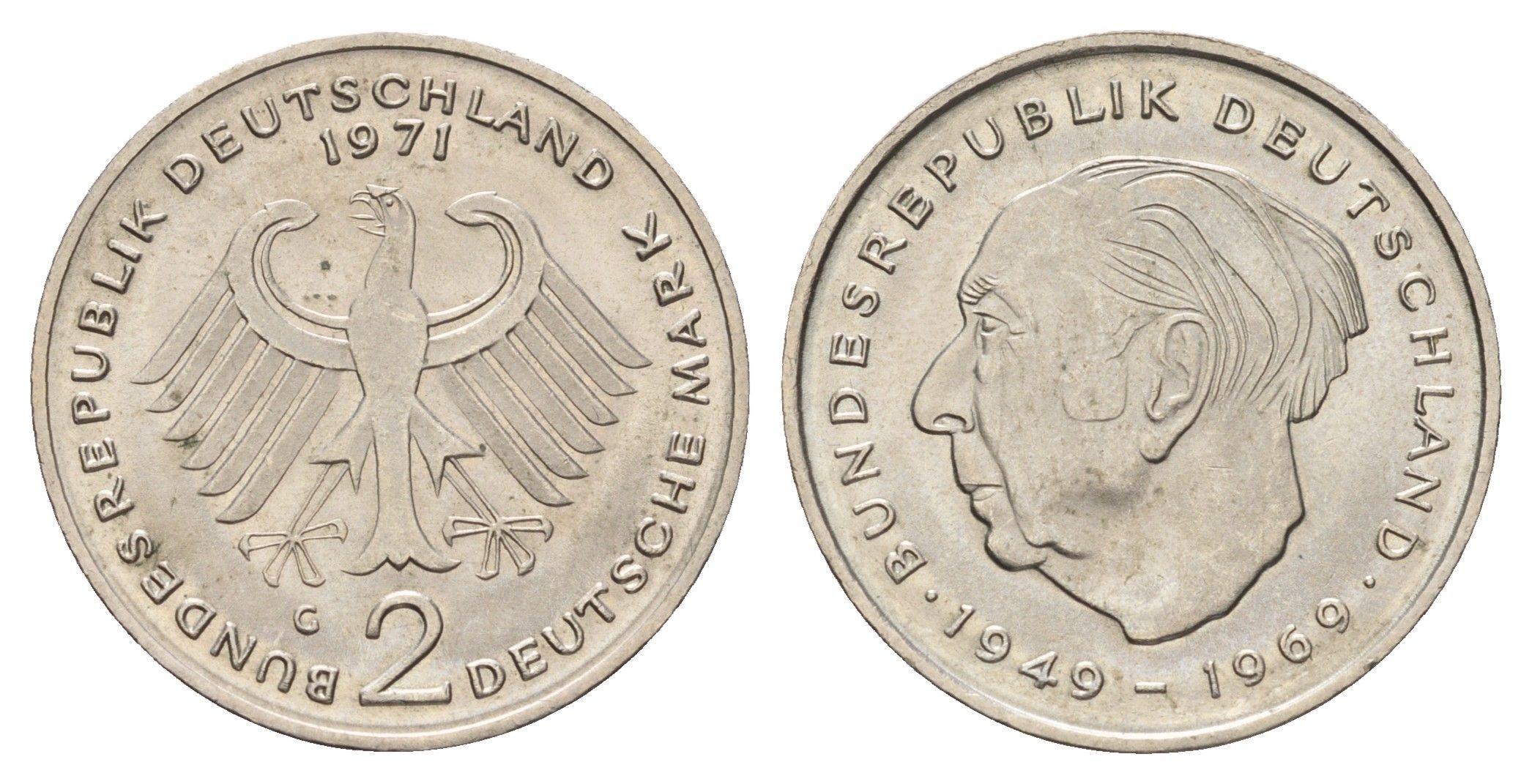 ФРГ 2 марки 1971 G, Теодор Хойс KM A127, J. 407 медно-никель UNC 3459-957
