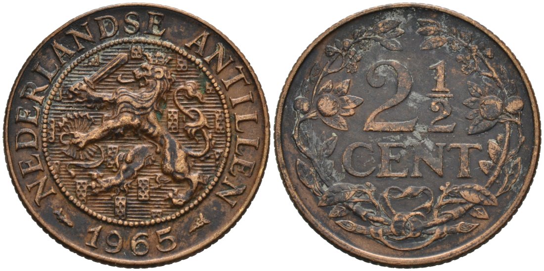 Нидерландские Антилы 2 1/2 цента 1965 Юлиана (1948-1980) KM 5 бронза 92-1211