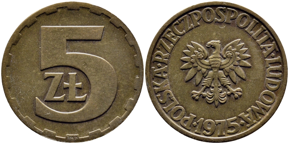 ПОЛЬША 5 ЗЛОТЫХ 1975 ЛЕНИНГРАДСКИЙ МОНДВОР KM 81.1 латунь 51-1134