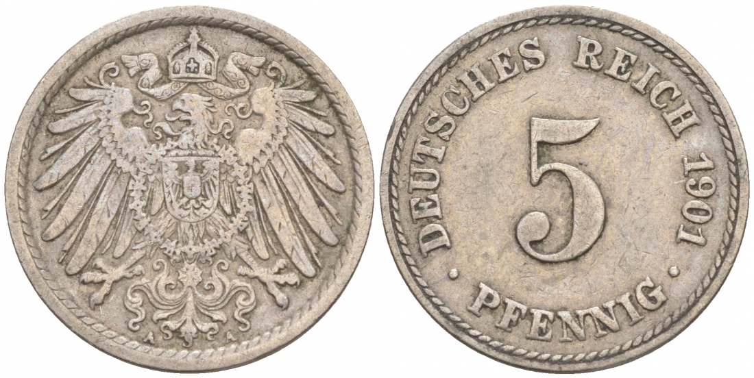 ГЕРМАНИЯ 5 ПФЕННИГОВ 1901 A, KM 11, J. 12 медно-никель 73-119
