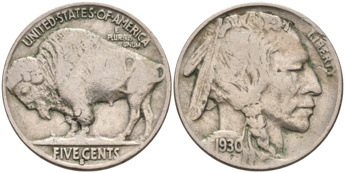 США 5 центов 1930 S, индеец, бизон KM 134 медно-никель 4591-1032