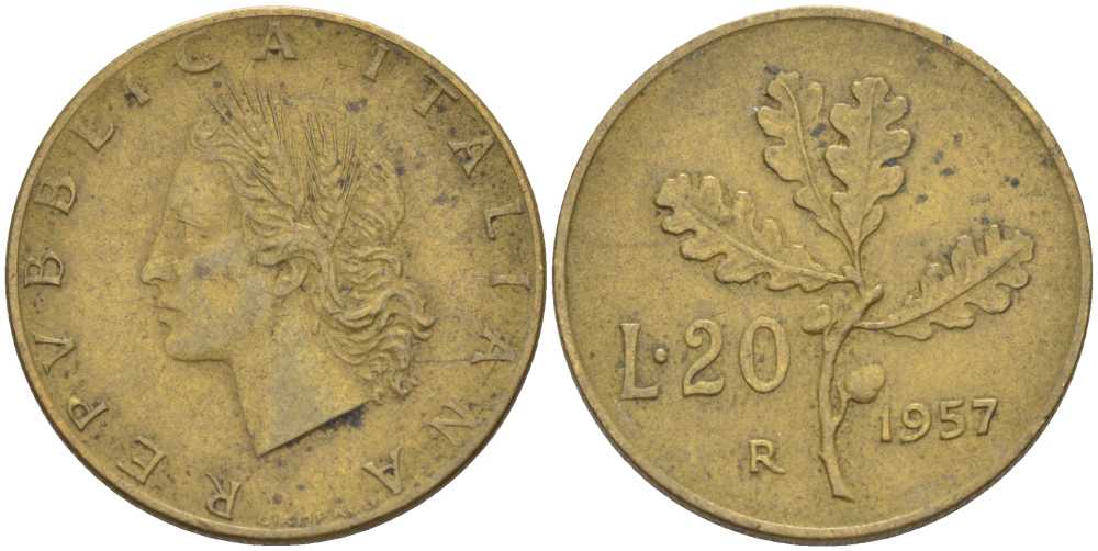 ИТАЛИЯ 20 ЛИР 1957 R, ДУБОВЫЙ ЛИСТ KM 97.1 алюминиевая бронза 113-1244