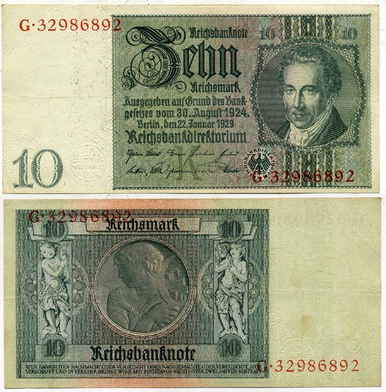 Германия 10 рейхсмарок 1929 Альбрехт Д. Тэер, буква K, серия G Pick 180a, Ros. 173е  бумага 3295-61-2