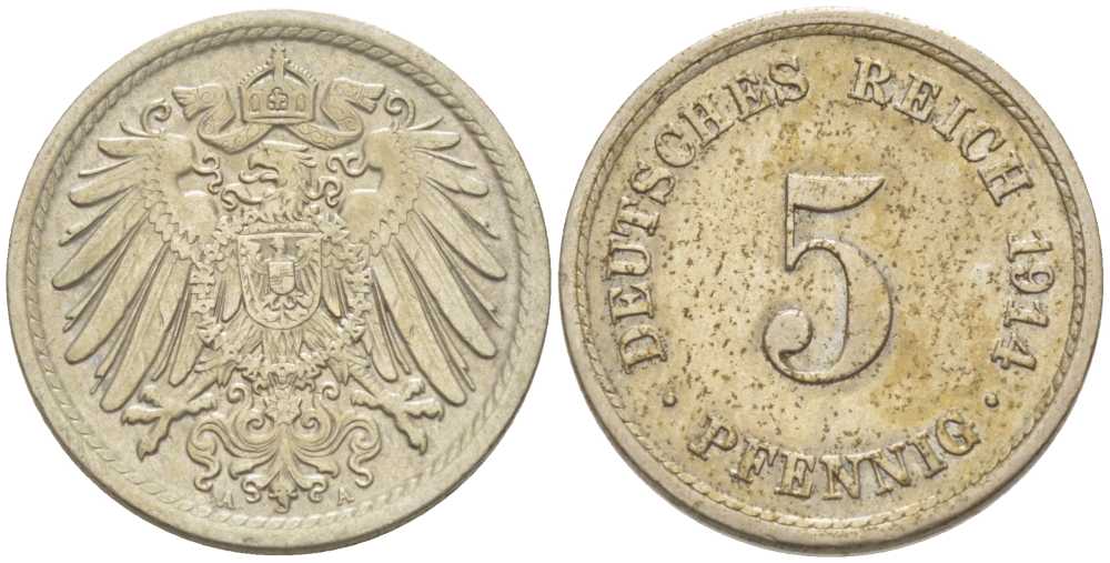 ГЕРМАНИЯ 5 ПФЕННИГОВ 1914 A KM 11, J. 12, Weege 6 медно-никель 206-1019