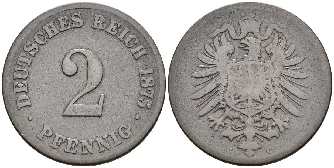 ГЕРМАНИЯ 2 ПФЕННИГА 1875 C, СТАРОГЕРБОВКА KM 2, Jager 2, Weege 3 медь 4546-547