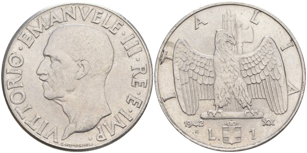 ИТАЛИЯ 1 ЛИРА 1942 R, ГОД XX, ВИКТОР ЭММАНУИЛ III (1900-1946) KM 77b, VEM3. 1102 нержавеющая сталь 3855-445