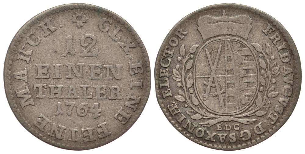 Саксония, Альбертинская линия 1/12 талера 1764 E.D.C. Фридрих Август III (1763-1806) KM 956 (C 100), Buck 103, Slg. Merseburger 2009 серебро 413-5625
