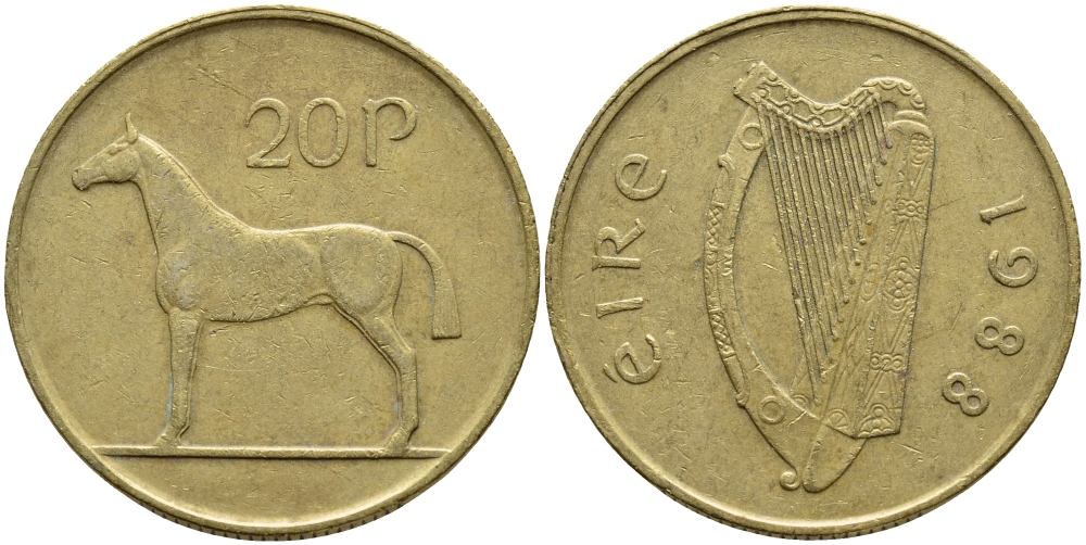 ИРЛАНДИЯ 20 ПЕНСОВ 1988 ЛОШАДЬ KM 25 никель бронза 4394-1145