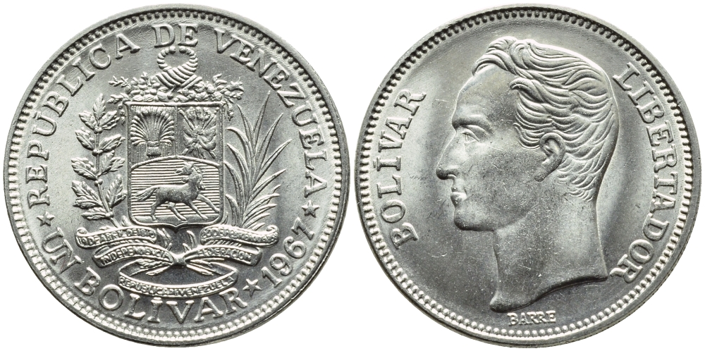 Венесуэла 1 боливар 1967 Симон Боливар KM 42 никель 51-327