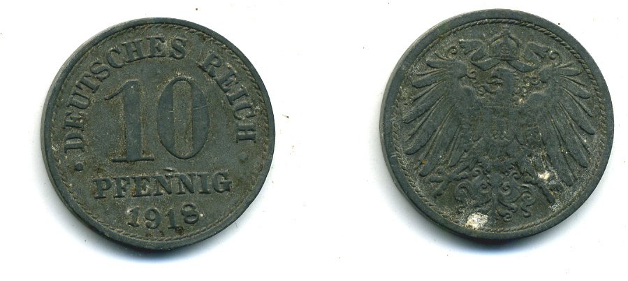 ГЕРМАНИЯ 10 ПФЕННИГОВ 1918 KM 26, J. 299 цинк 54-469