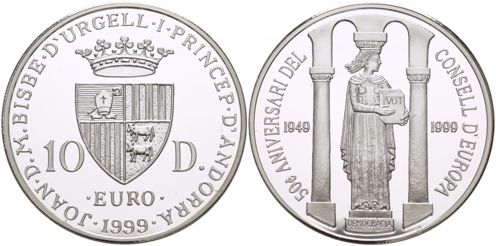 Андорра 10 динеров 1999 50 лет совету Европы, статуя демократии KM 153 серебро PROOF 1068-5-34