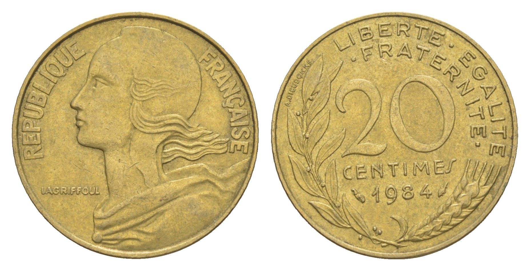 Франция 20 сантимов 1984 KM 930 алюминиевая бронза 4539-636