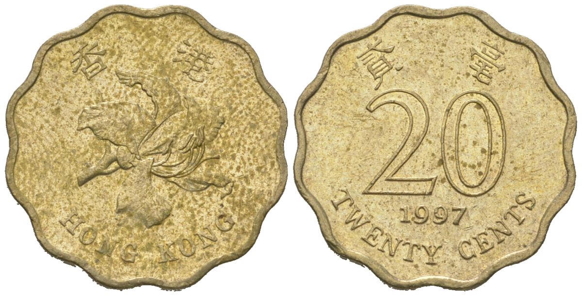 Гонконг 20 центов 1997 KM 67 никель латунь 4580-1052