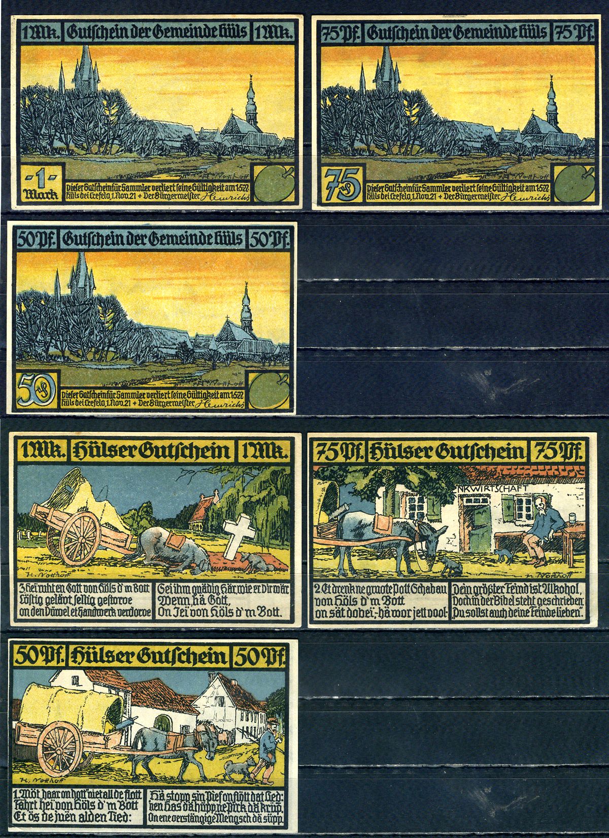 Хюльз (Пруссия, Рейн) полный набор из 3 нотгельдов (50 и 75 пфеннигов; 1 марка) 1921 DeNG 1/2 635.1 бумага UNC (пресс) 7555-51-2-2
