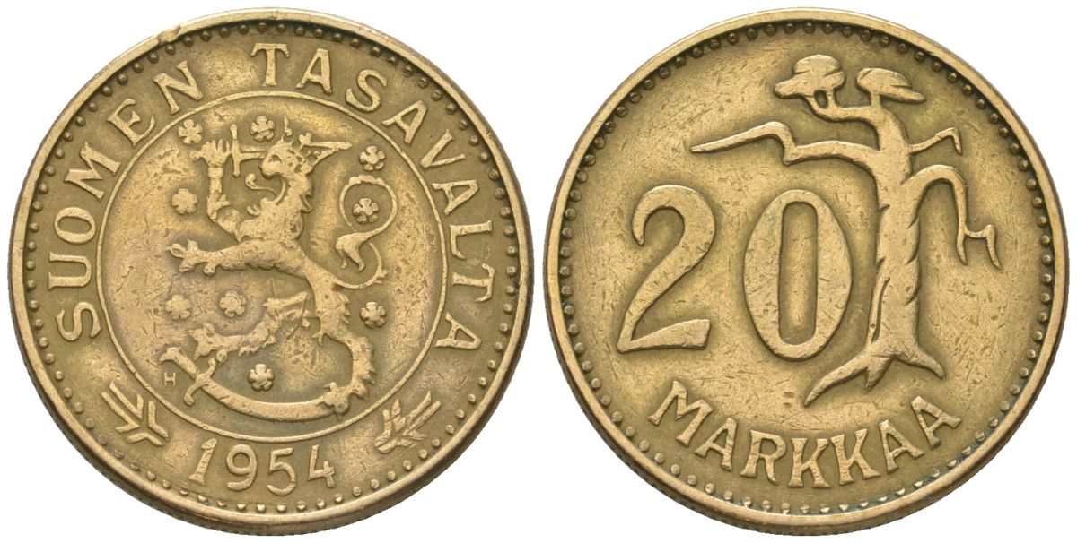 Финляндия 20 марок 1954 H KM 39 алюминиевая бронза 4586-712