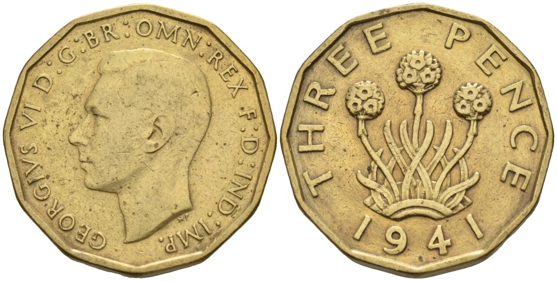 Великобритания 3 пенса 1941 Георг VI (1936-1952) KM 849, Spink 4112 никель латунь 4513-1031