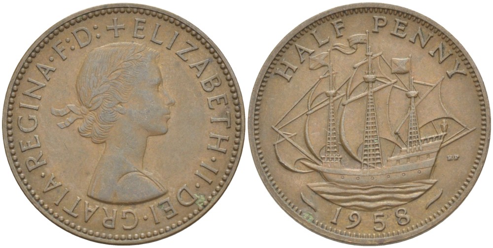 Великобритания 1/2 пенни 1958 Елизавета II (1952-2022) KM 896, Spink 4158 бронза 4544-111