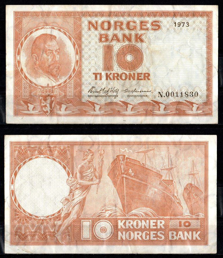 Норвегия 10 крон 1973 Pick 31 f бумага 7457-22-3-1