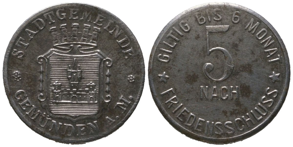 Гемюнден-на-Майне (Федеральная земля Бавария) 5 пфеннигов ND Funck 155.1A, Men18 11031.1 железо aUNC 4596-1218