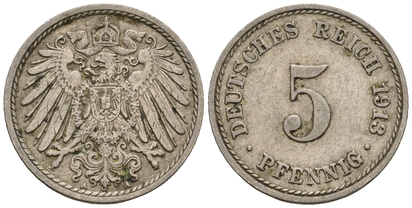 Германия 5 пфеннигов 1913 A, KM 11, J. 12 медно-никель 220-654