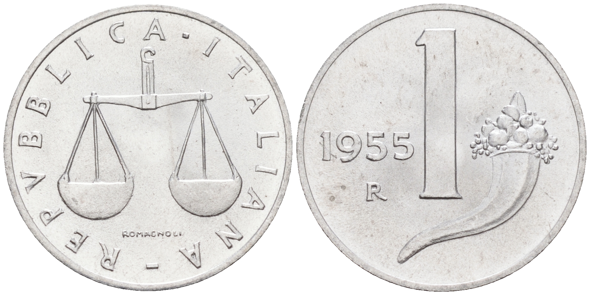 Италия 1 лира 1955 R, весы KM 91 алюминий  UNC  4594-633