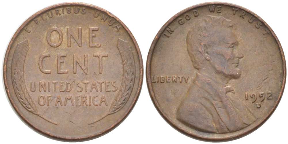 США 1 ЦЕНТ 1952 D, ЛИНКОЛЬН KM А132 медь цинк 3309-816