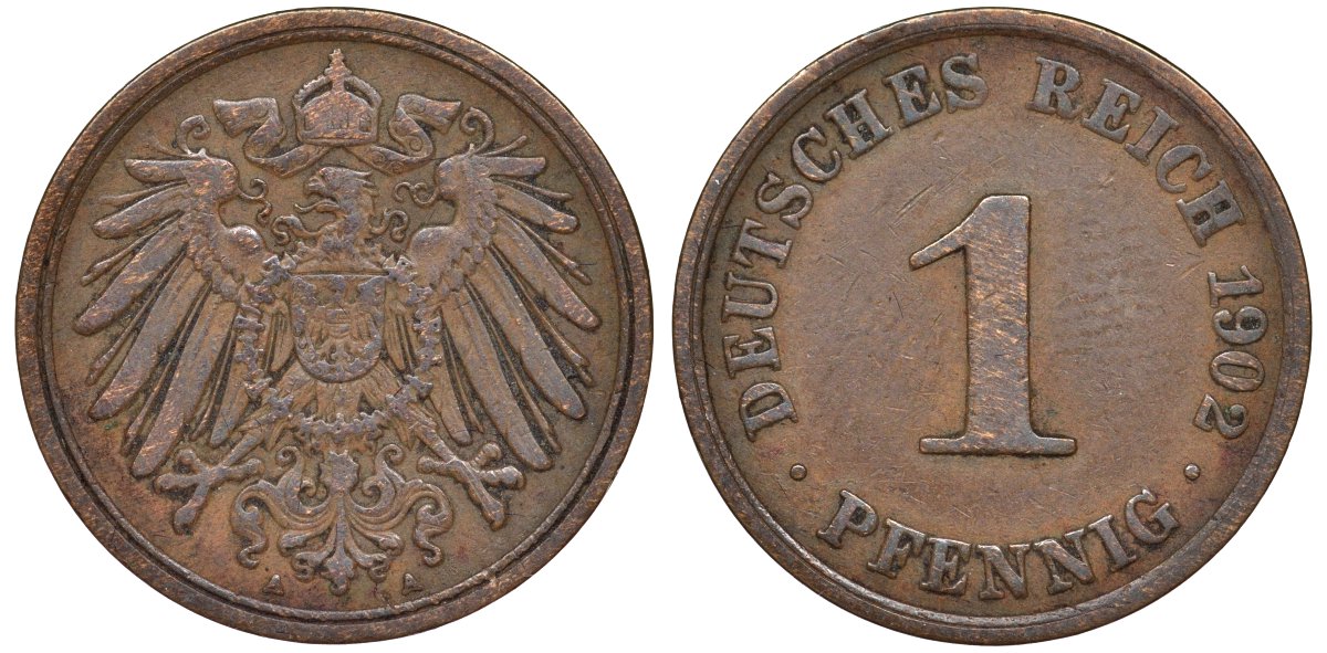 Германия 1 пфенниг 1902 A - Берлин KM 10 медь 4173-639
