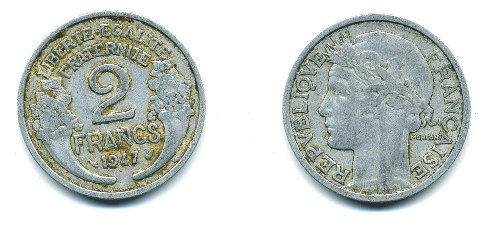 Франция 2 франка 1947 KM 886а.1 алюминий 54-1231