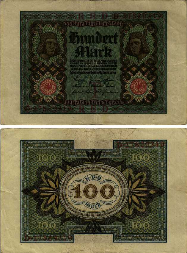 Германия 100 марок 1920 Бамбергский всадник, 8 цифр в номере, серия D, буква I Pick 69 b, Розенберг 69b бумага 444-151-2