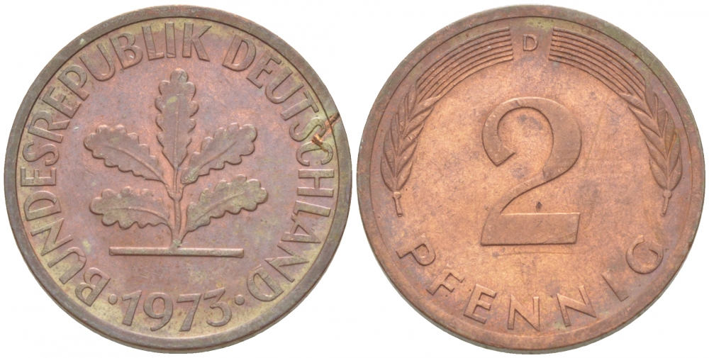 ФРГ 2 пфеннига 1973 D KM 106а, J.381а сталь плакированная медью 3996-1111
