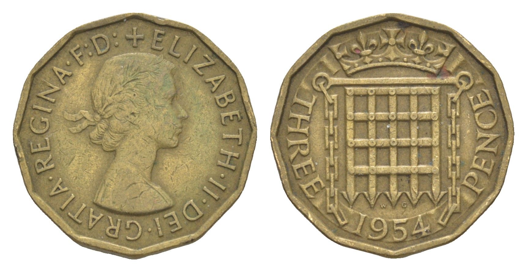 Великобритания 3 пенса 1954 Елизавета II (1952-2022) KM 900, Spink 4153 никель латунь 4571-623