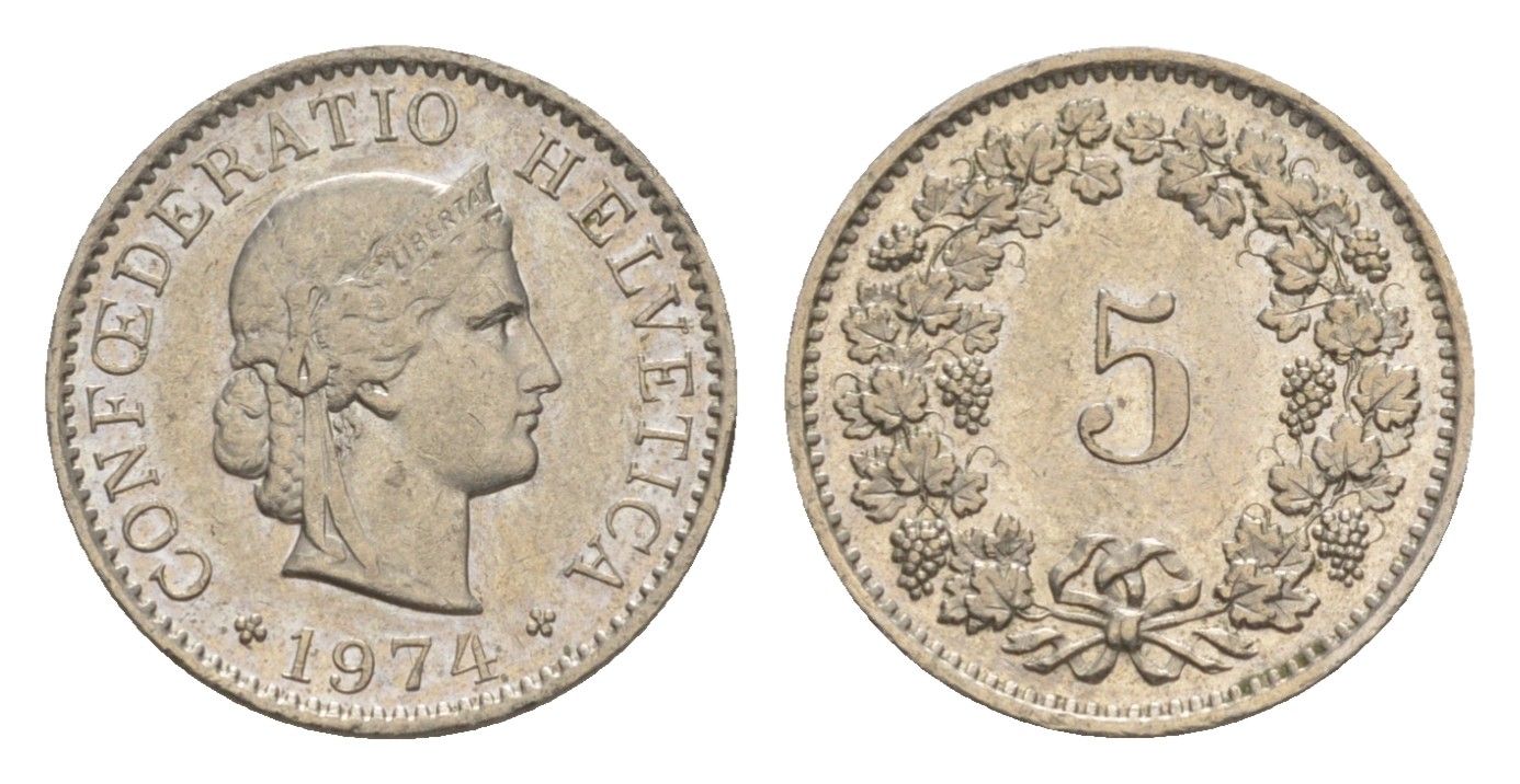 Швейцария 5 раппенов 1974 KM 26 медно-никель 4611-957