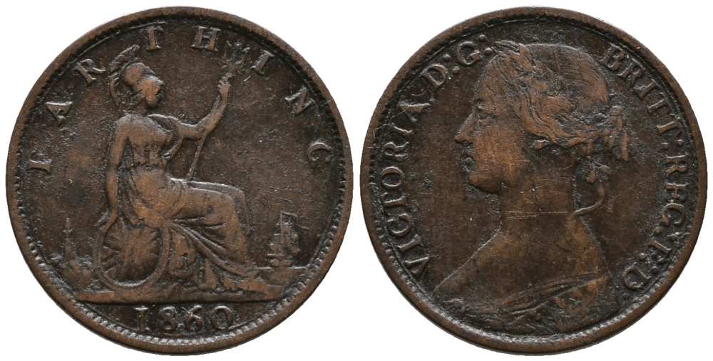 Великобритания 1 фартинг 1860 Виктория (1837-1901), зубчатая кайма KM 747.2, Spink 3958 бронза  1518-1043