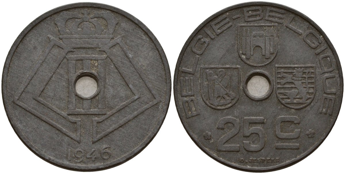 Бельгия 25 сантимов 1946 Belgie - Belgique, Леопольд III (1934-1947), германская оккупация, Вторая мировая война KM 132 цинк 4157-713