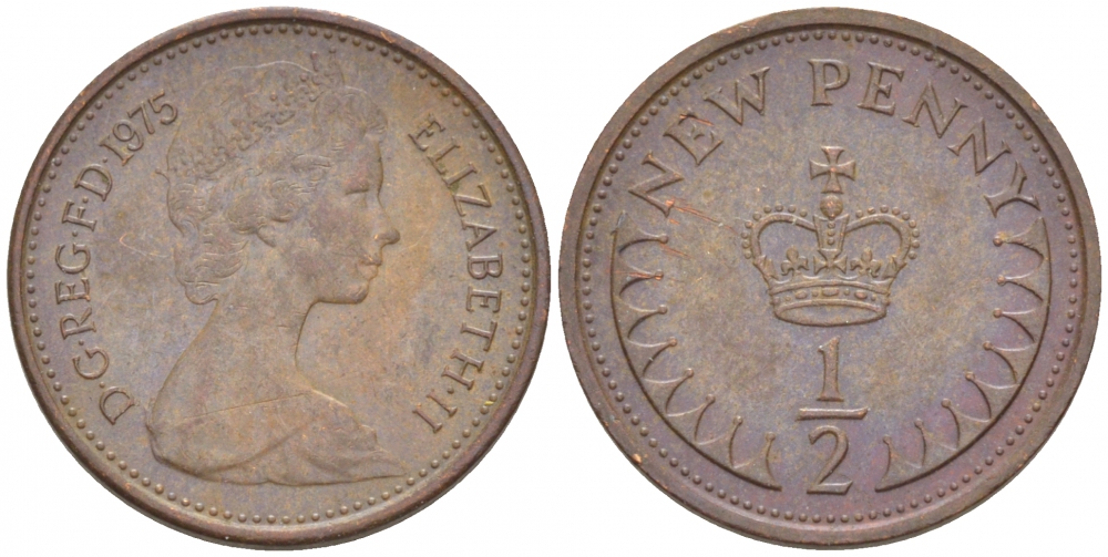 Великобритания 1/2 пенни 1975 Елизавета II (1952-2022) KM 914, Spink 4239 бронза 112-1066