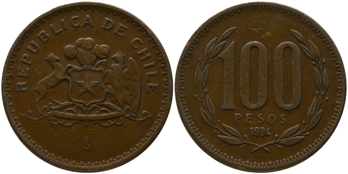 Чили 100 песо 1994 So KM 226.2, Schon 71 алюминиевая бронза 4544-1153
