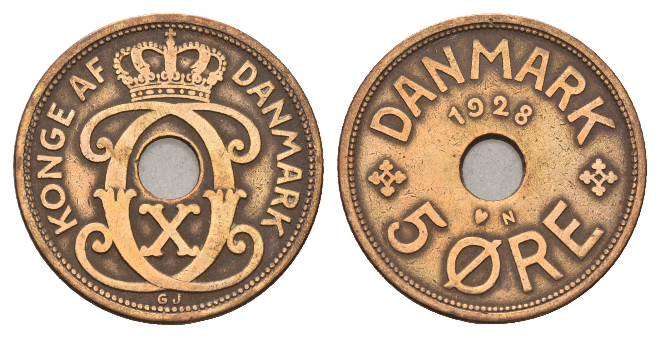 Дания 5 эре 1928 N, Кристиан X (1912-1947) KM 828 бронза 4700-817