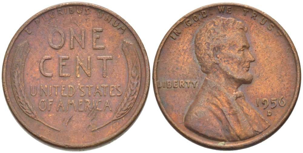 США 1 ЦЕНТ 1956 D, ЛИНКОЛЬН KM А132 медь цинк 218-268