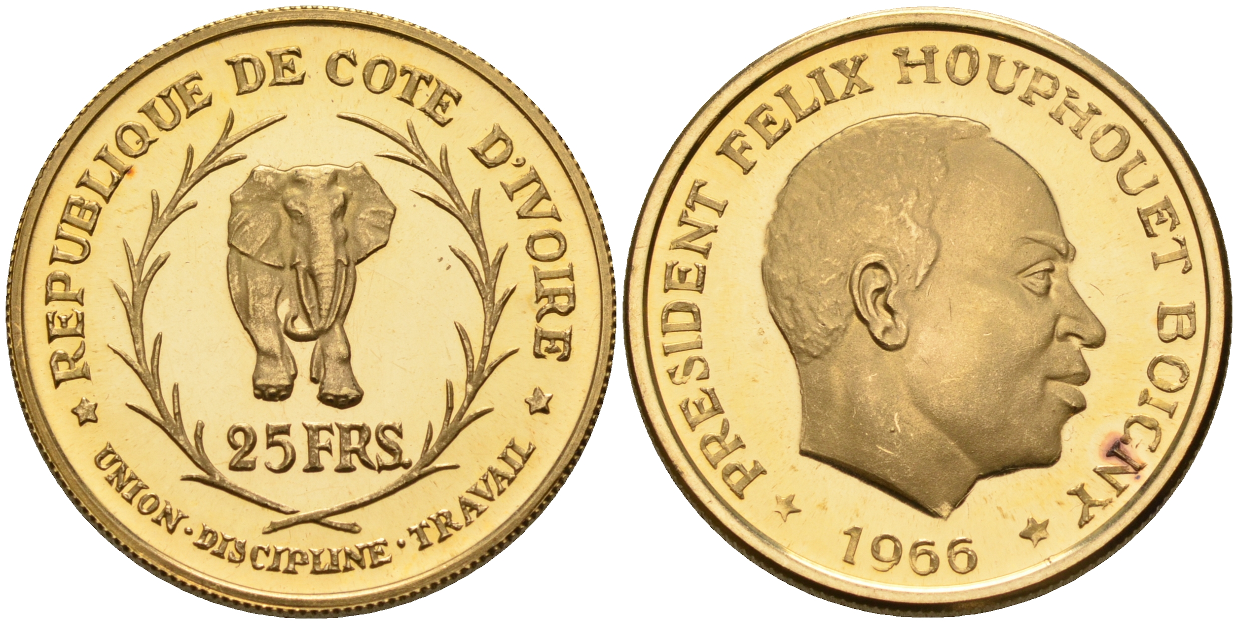 Берег Слоновой Кости 25 франков 1966 Президент Феликс Уфуэ-Буаньи, слон КМ 3 золото PROOF 00-000-00