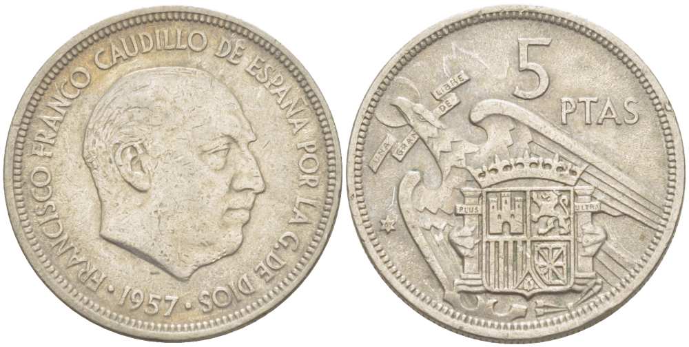 ИСПАНИЯ 5 ПЕСЕТ 1957 (62) ФРАНСИСКО ФРАНКО ДИКТАТОР ИСПАНИИ (1939-1975) KM 786 медно-никель 210-1116