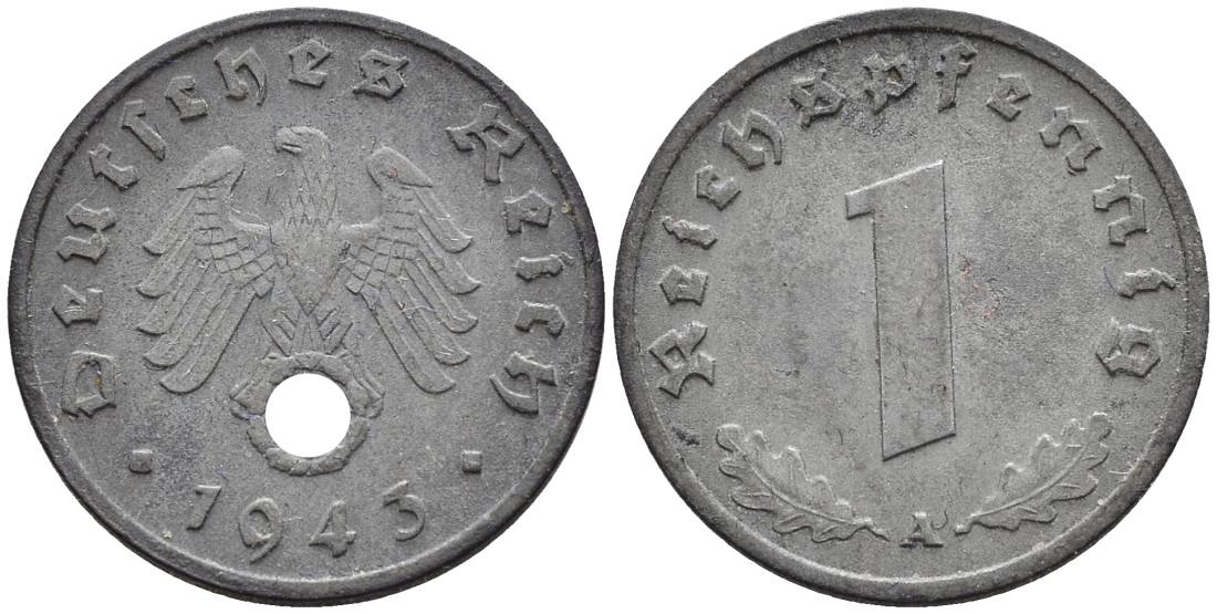 ГЕРМАНИЯ 1 РЕЙХСПФЕННИГ 1943 A KM 97, J. 369 цинк 4547-239