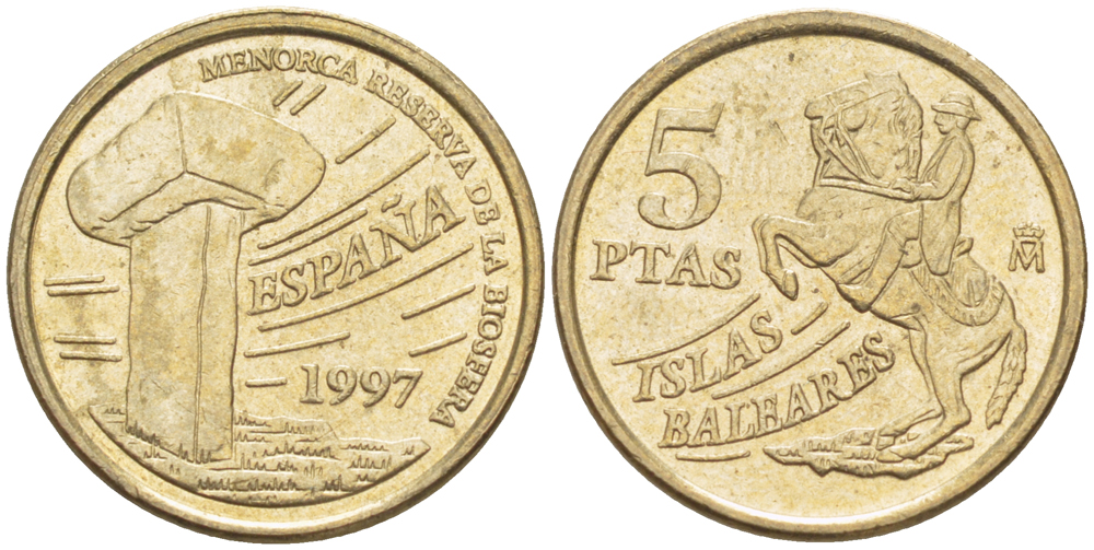 Испания 5 песет 1997 Хуан Карлос I (1975-2014), Балеарские острова, всадник KM 981 алюминиевая бронза 4181-1123